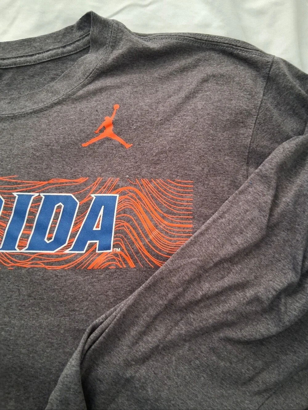 Nike Jordan Gray Long-Sleeve 'FLORIDA' Graphic Tee with Blue and Orange Logo.